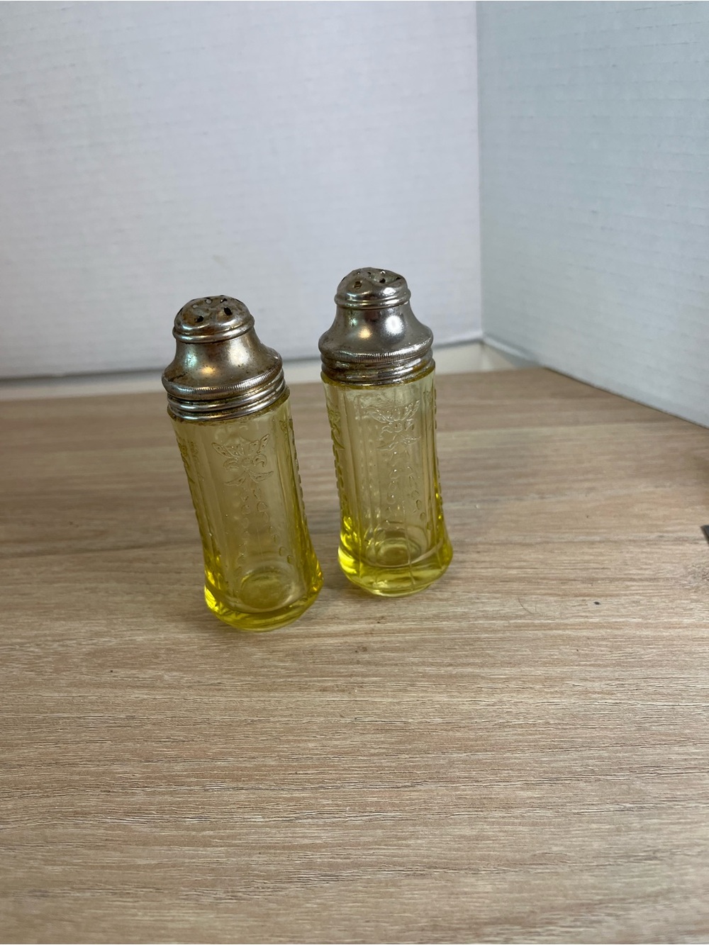 Vintage Amber Glass Salt and Pepper Shakers with Silver Tops